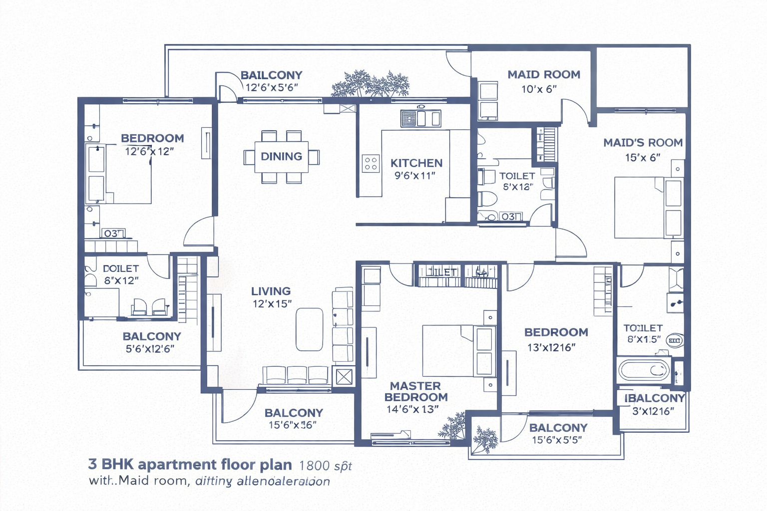 Efficient 1800 sq ft 3 BHK apartment floor plan with maid room
