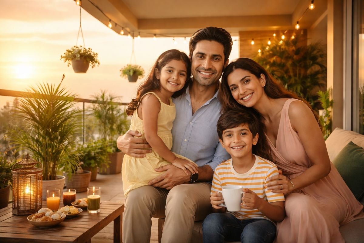 Family enjoying independent floor lifestyle in Gurgaon balcony