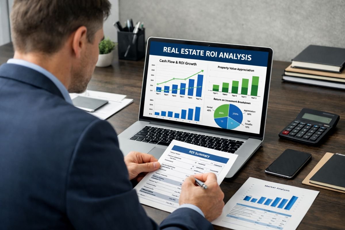 investor analyzing rental property ROI charts laptop