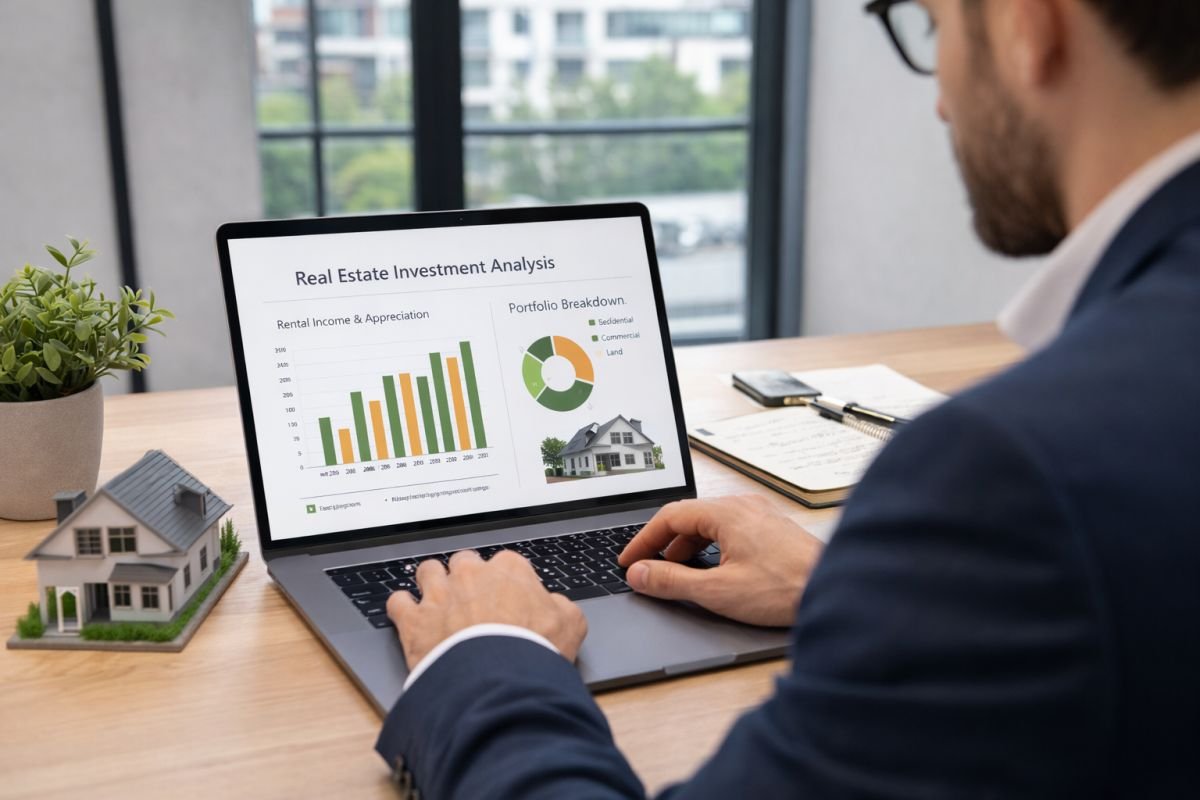 investor analyzing real estate investment strategy laptop charts