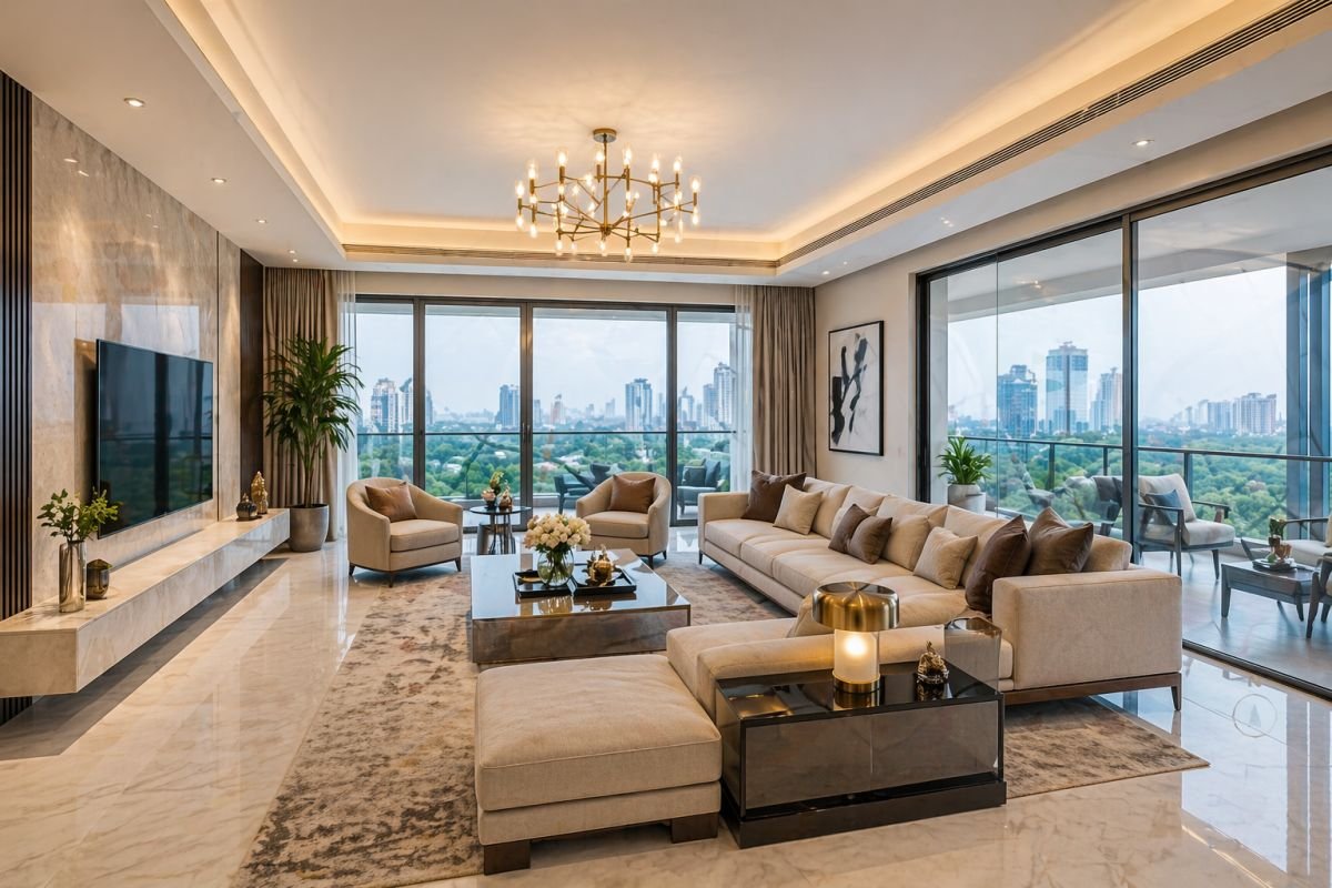 La Lagune 4 BHK luxury apartment interior Golf Course Road Gurgaon spacious living room