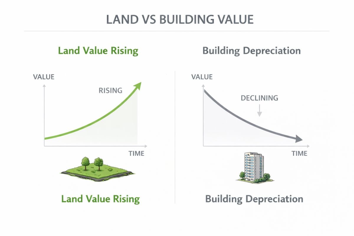 Land appreciation vs building depreciation real estate comparison visual