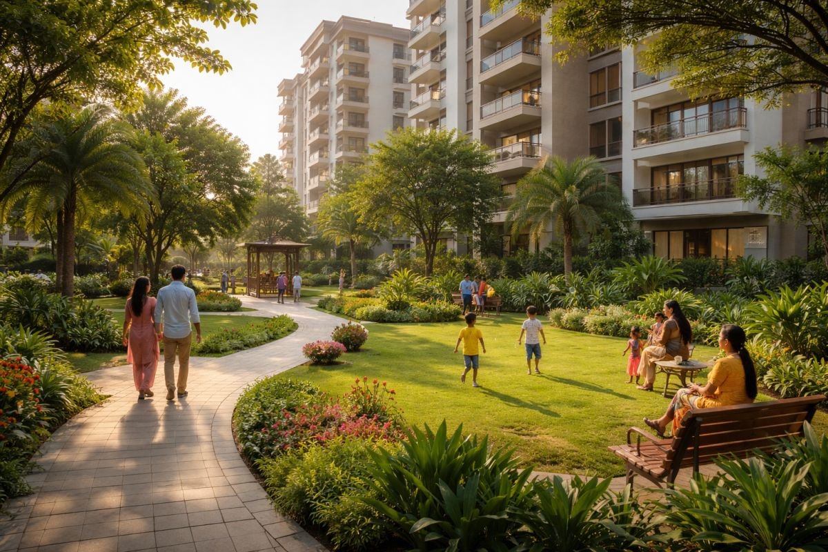 residents enjoying open green spaces in low density housing project india