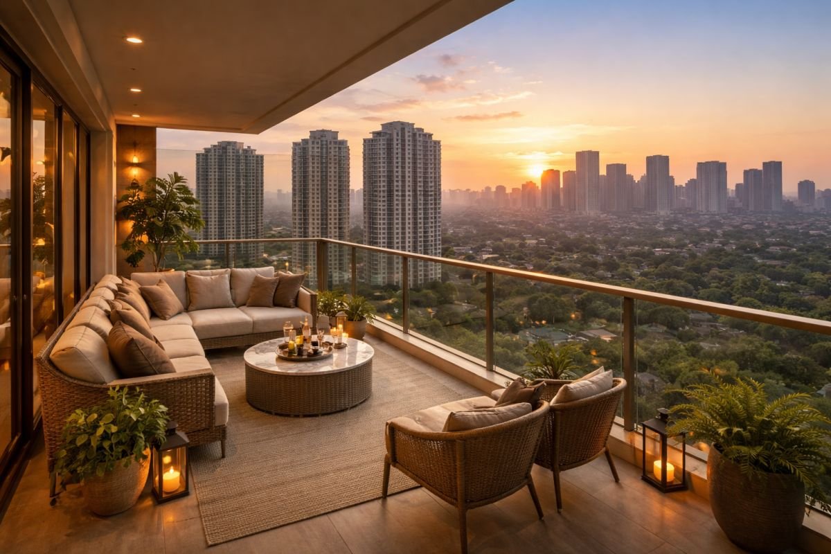 Luxury apartment balcony view of Gurgaon skyline at sunset