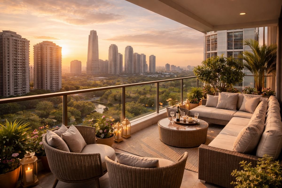luxury apartment balcony with gurgaon skyline view premium housing