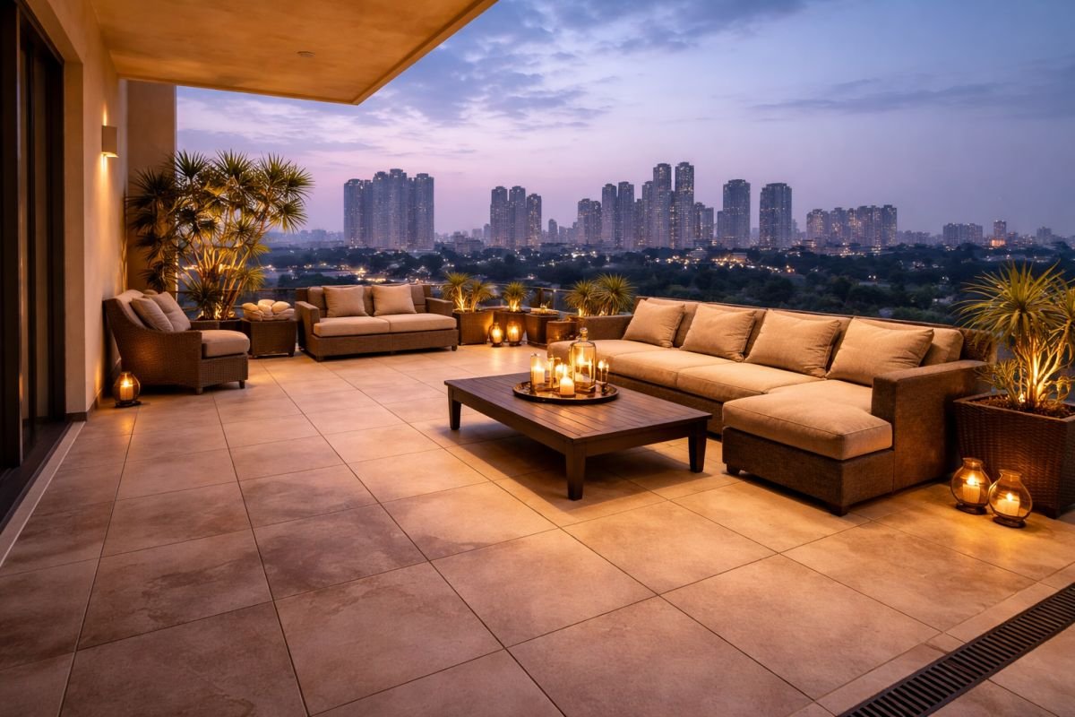 luxury penthouse terrace evening lifestyle seating gurgaon skyline