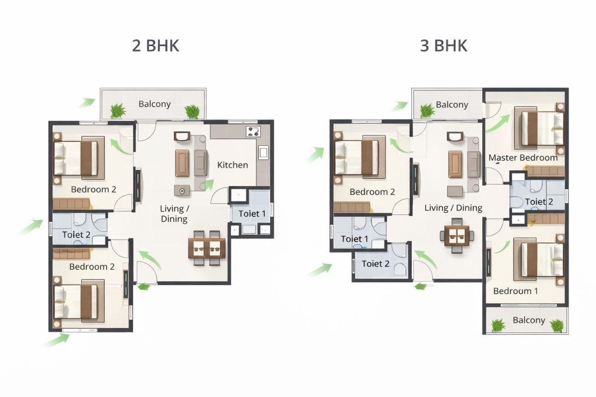 Microtek Greenburg 2 BHK and 3 BHK apartment floor plan with balcony and ventilation