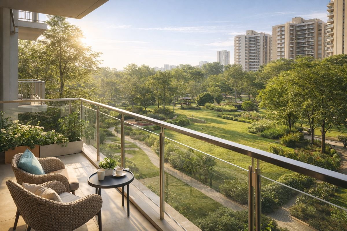 Green facing balcony view in Microtek Greenburg apartments Sector 86 Gurgaon