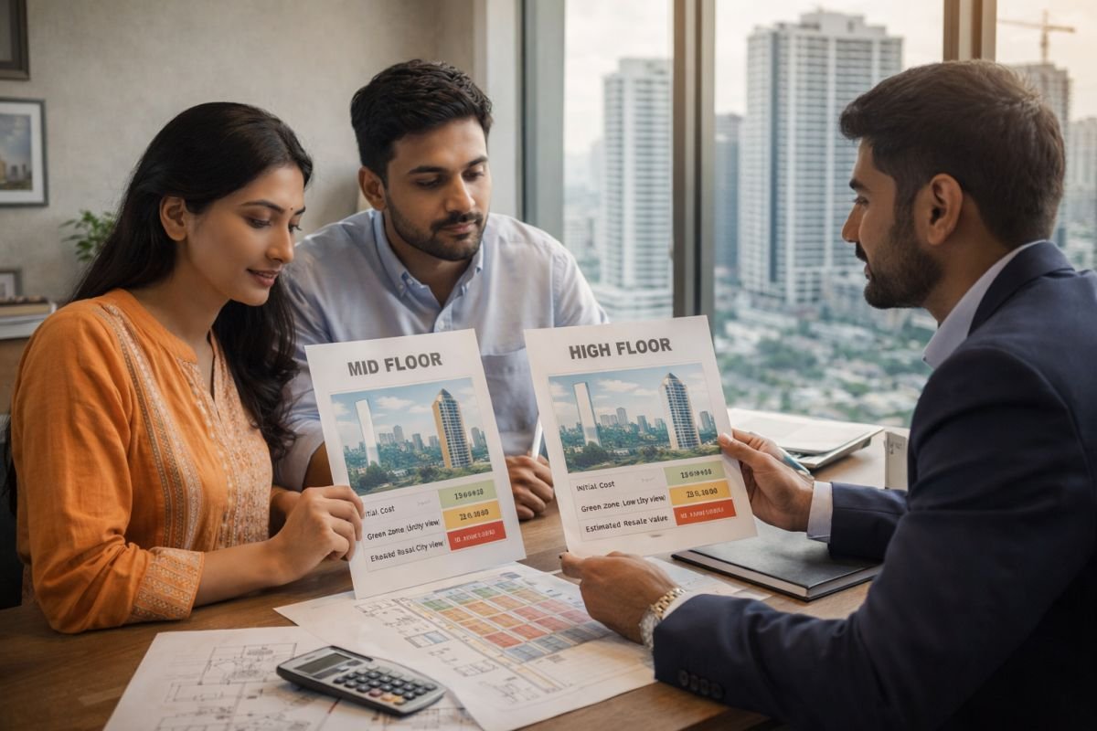 Buyers comparing mid-floor and high-floor apartment pricing options