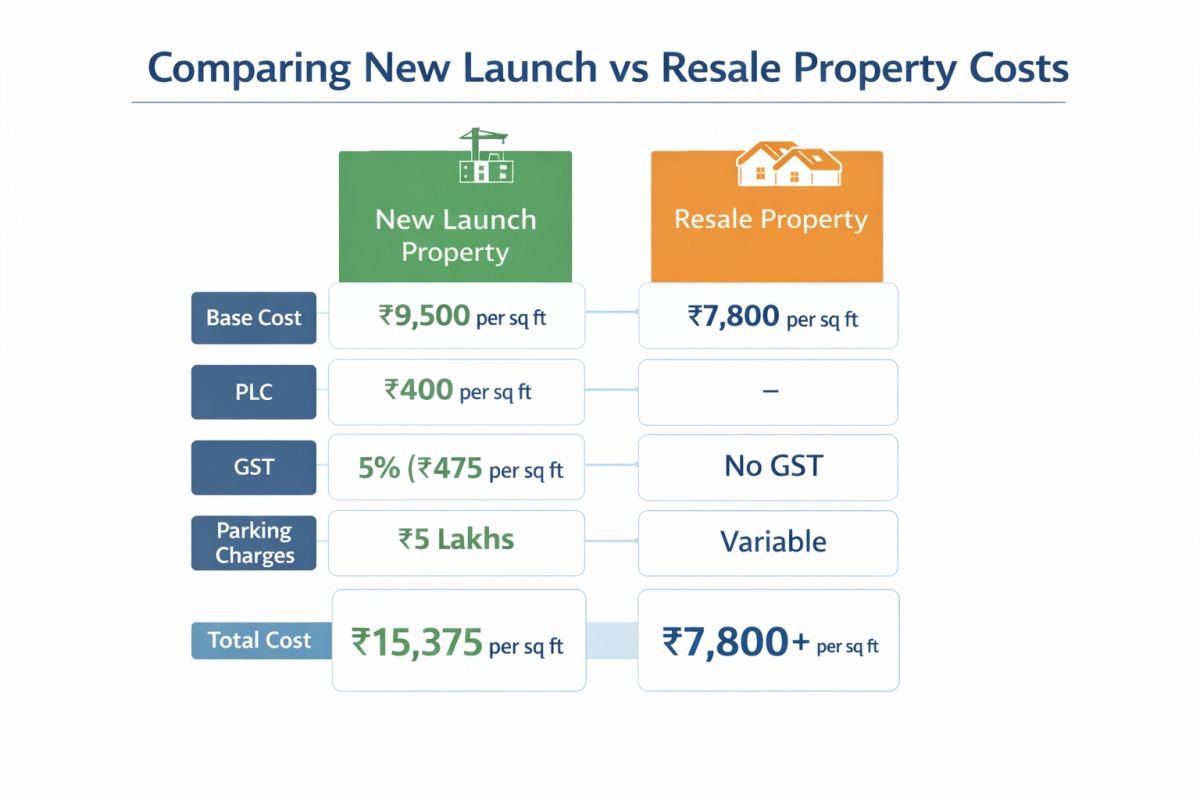new launch vs resale property cost comparison hidden charges infographic