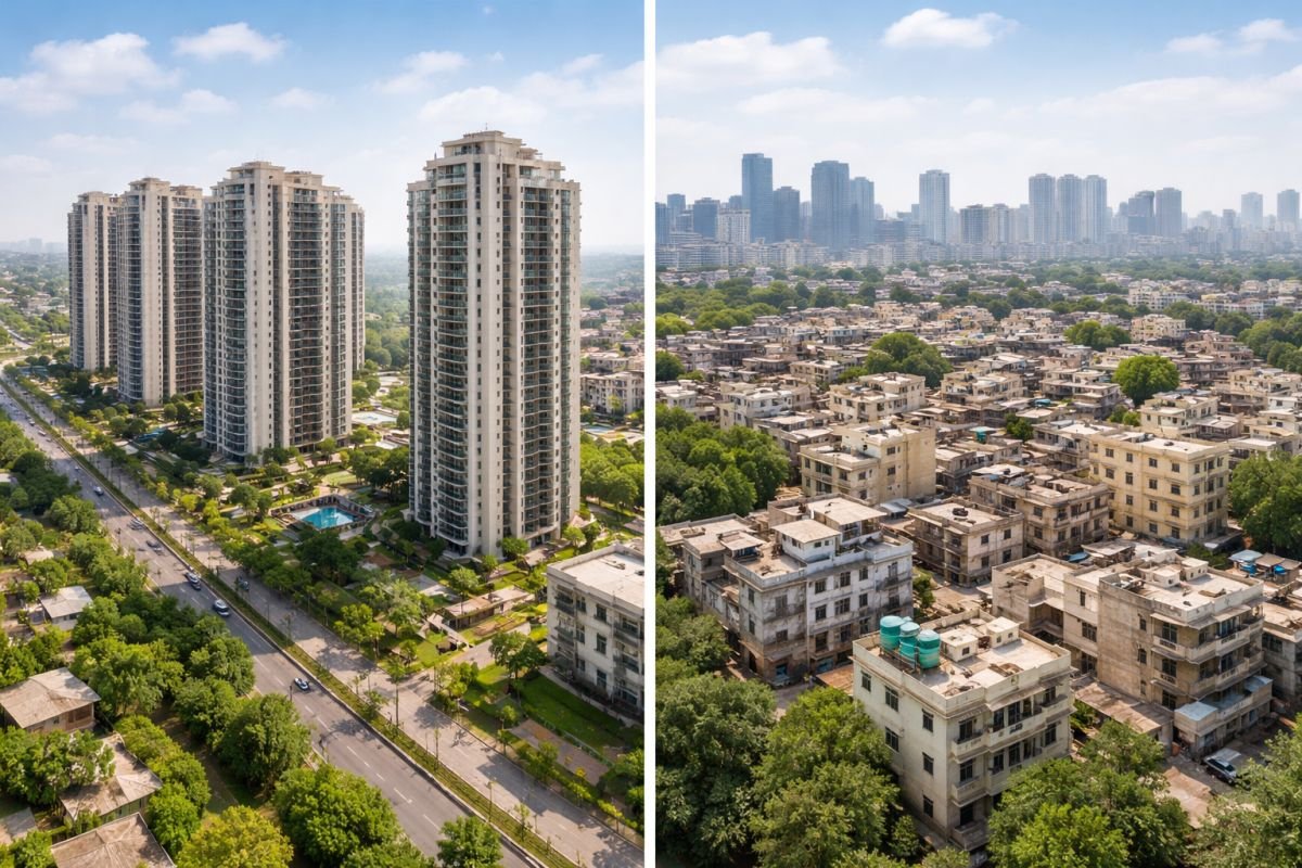Comparison of new and old apartment buildings in Gurgaon skyline