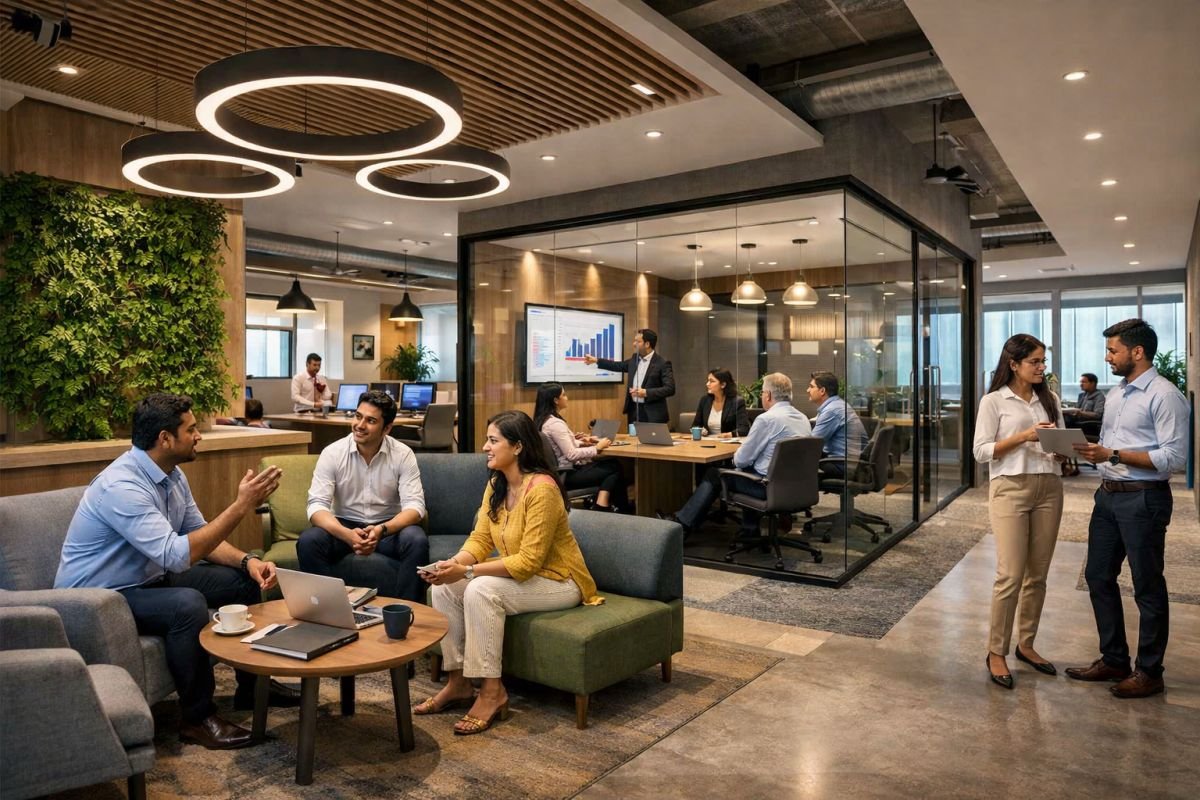 modern office collaboration workspace Gurgaon hybrid office design