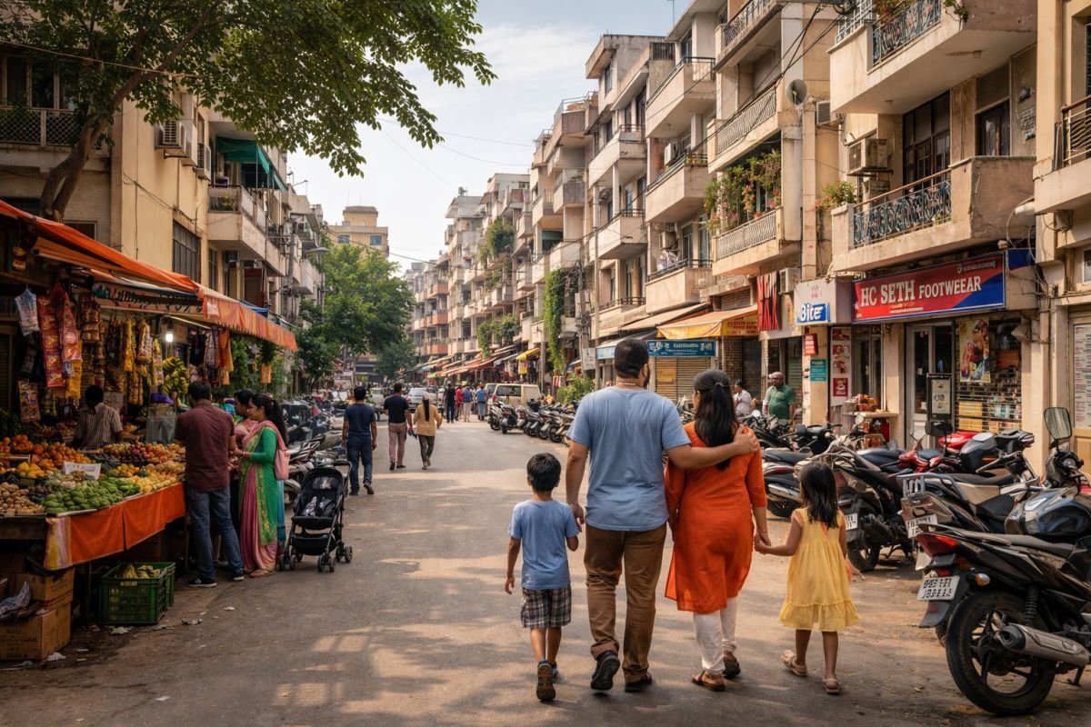 Established residential area in Old Gurgaon with markets and daily life activity