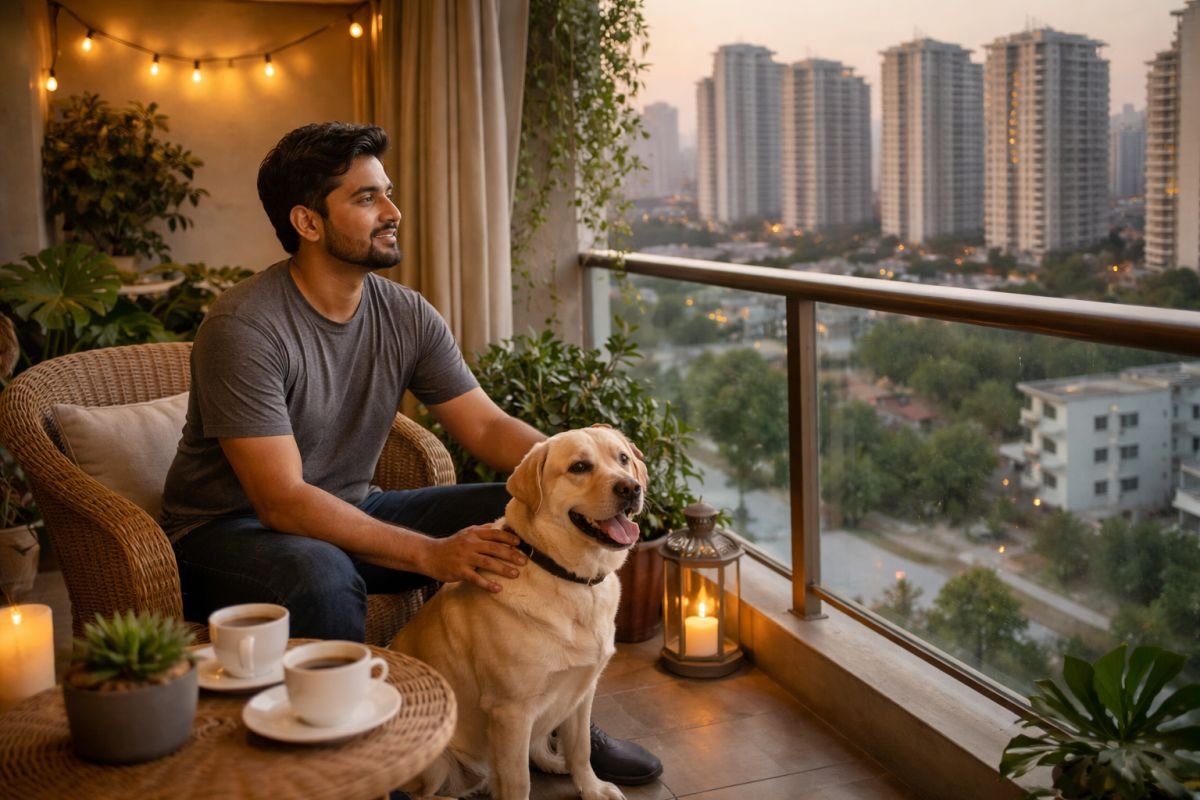 Tenant living with pet dog in furnished Gurgaon apartment balcony city view