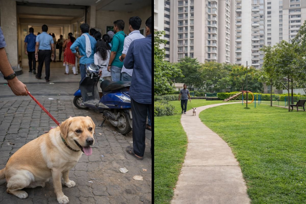 Dog walking in crowded apartment entrance vs open pet park comparison Gurgaon housing