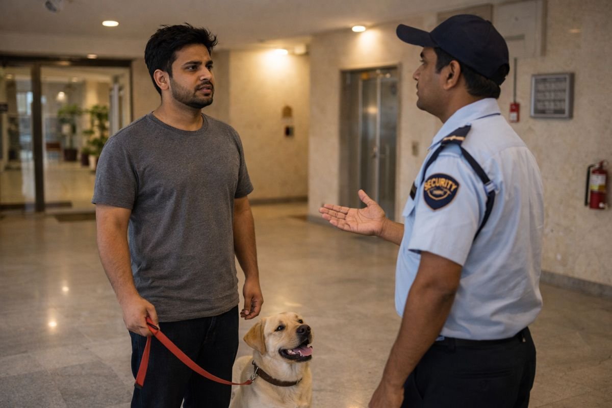 Indian apartment society security guard stopping resident with dog near lift