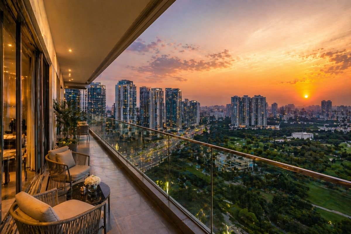 Pioneer Araya apartment balcony panoramic view Gurgaon skyline luxury living