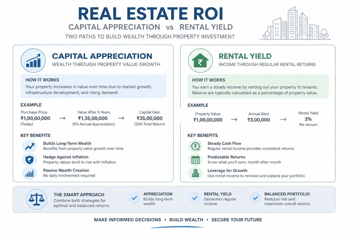 real estate ROI comparison capital appreciation vs rental yield infographic India