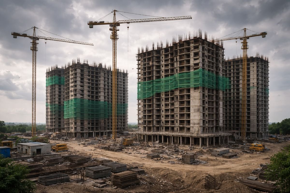 delayed construction project timeline extension cranes halted work