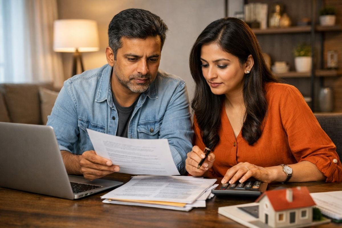 Indian homebuyers discussing property investment with documents and laptop