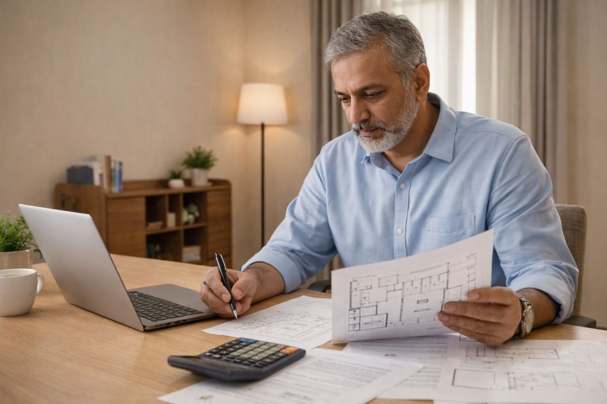 Person analyzing senior living costs with calculator and documents