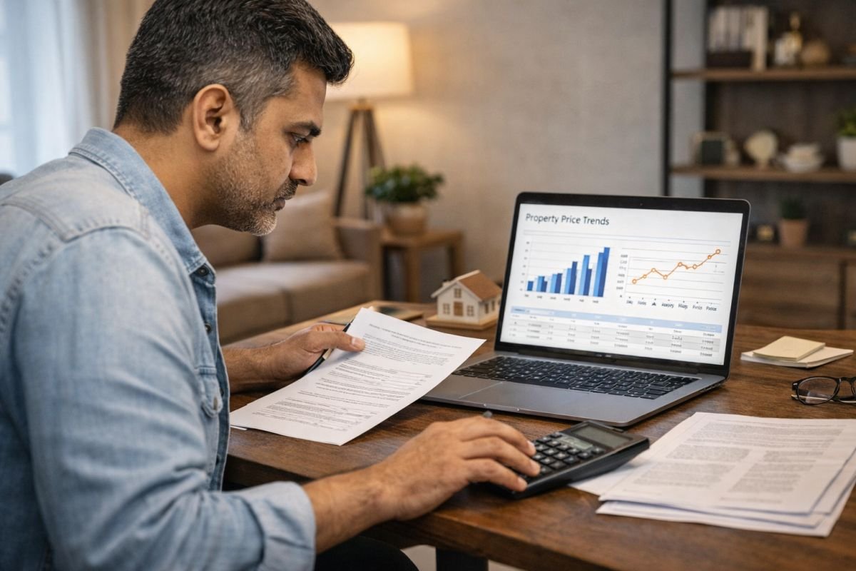 Indian investor reviewing property pricing and financial calculations