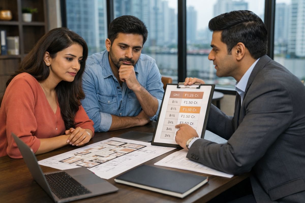 Real estate negotiation discussion over apartment pricing in Gurgaon office