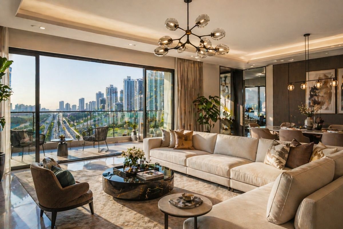 luxury apartment interior Puri Emerald Bay Gurgaon spacious living room balcony natural light