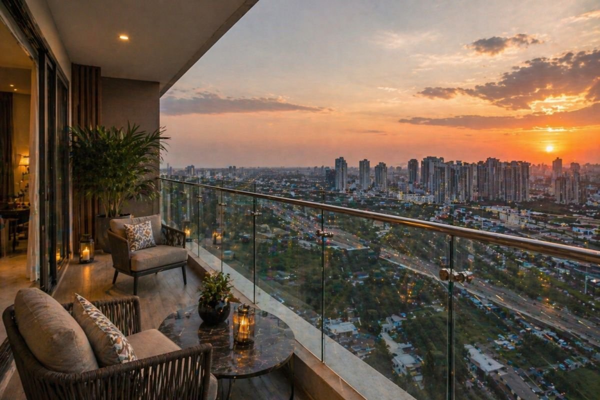 Puri Emerald Bay balcony skyline view Dwarka Expressway Gurgaon sunset high rise