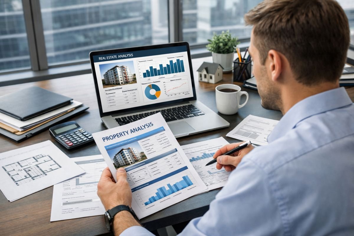 investor analyzing Gurgaon real estate data laptop charts documents