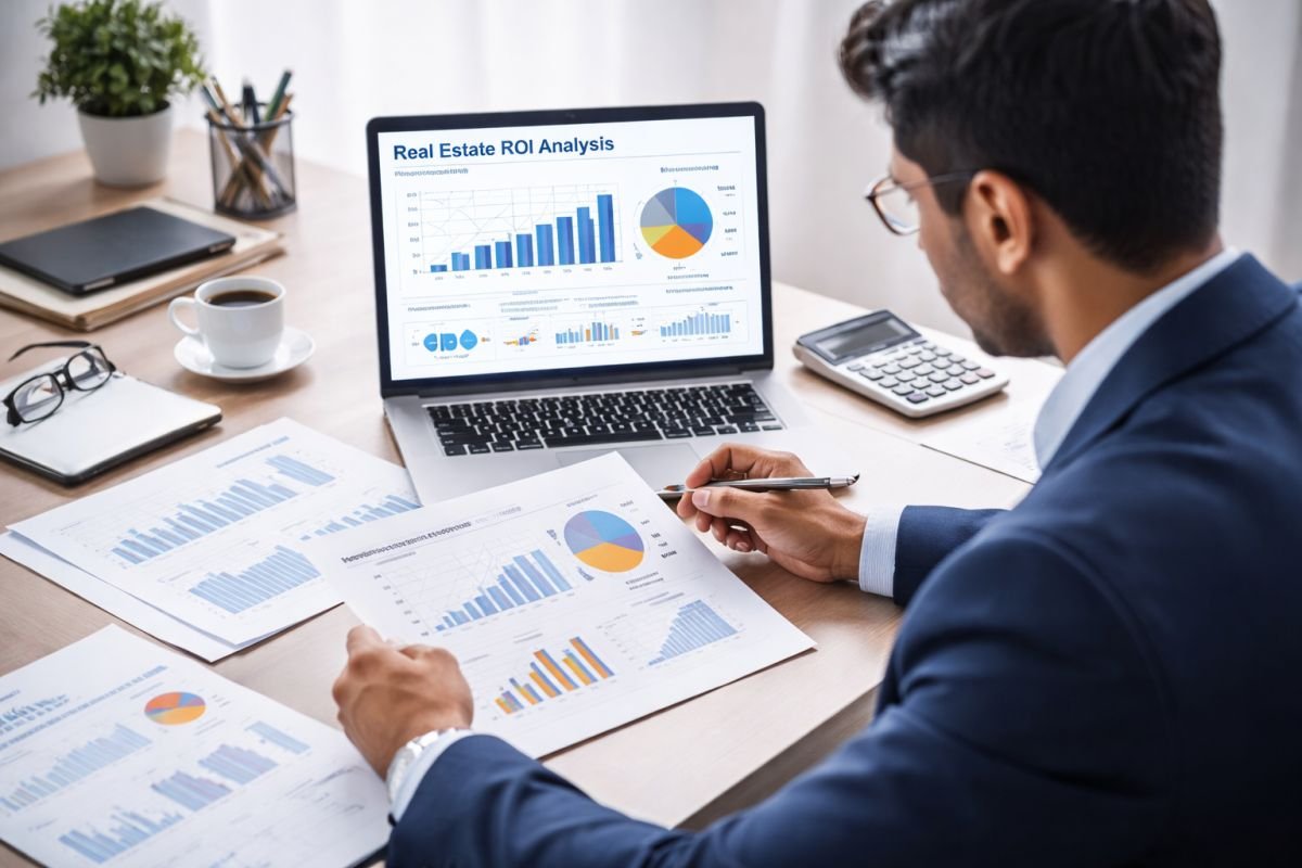 investor analyzing Gurgaon property ROI data laptop documents