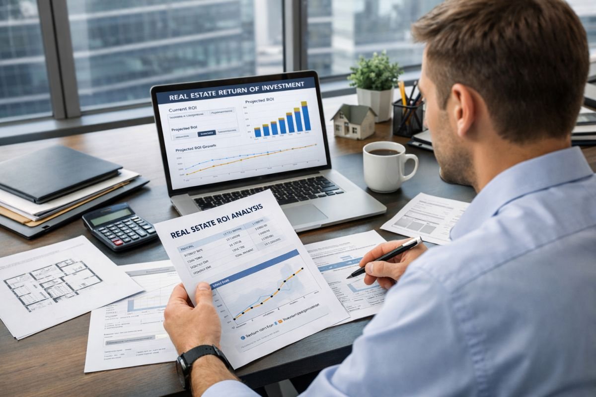 investor analyzing rental yield ROI real estate laptop charts