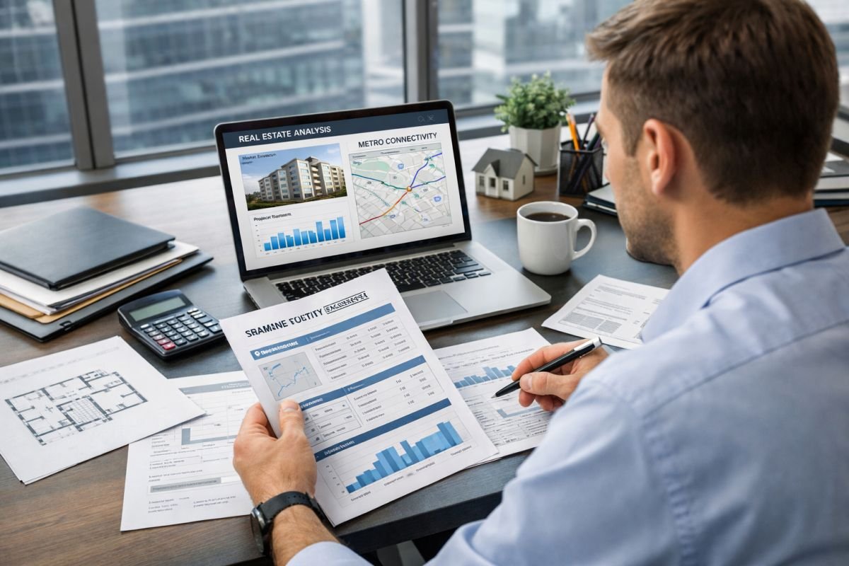 investor analyzing metro connectivity impact real estate Gurgaon laptop charts