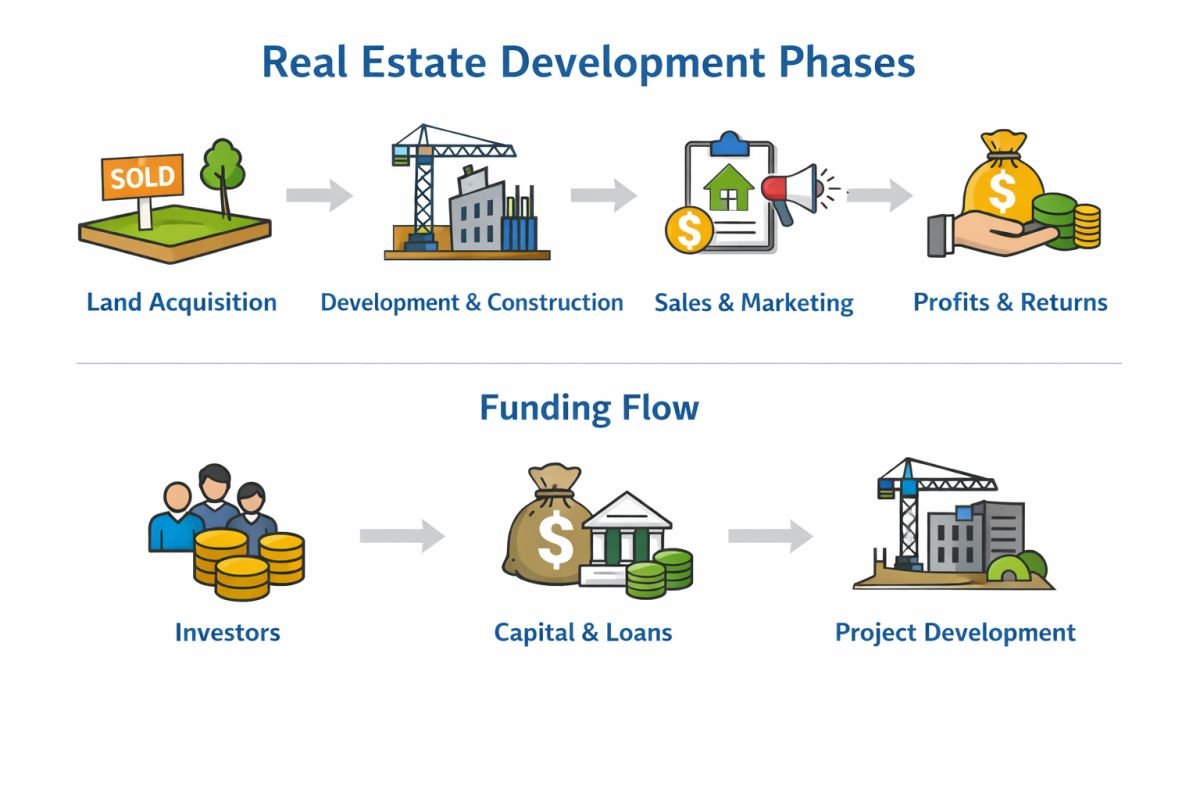 real estate project phases land acquisition construction sales funding model India