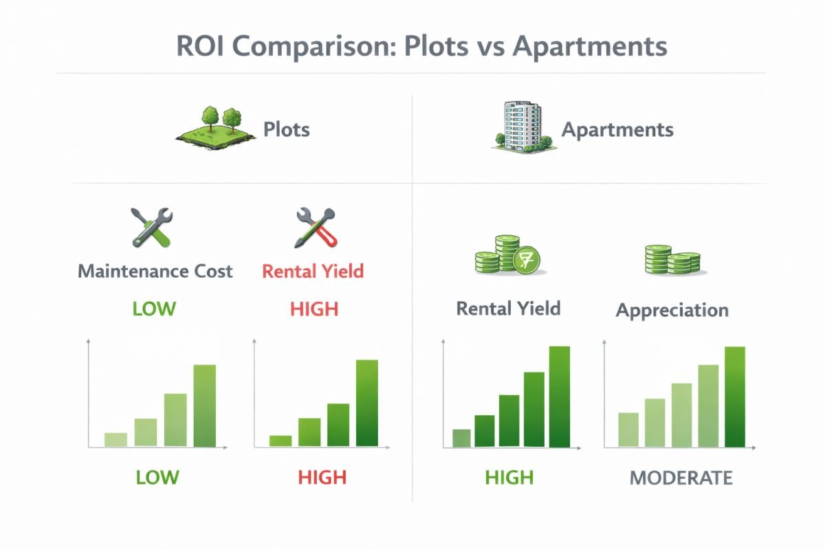 Real estate ROI comparison plots vs apartments maintenance cost and returns