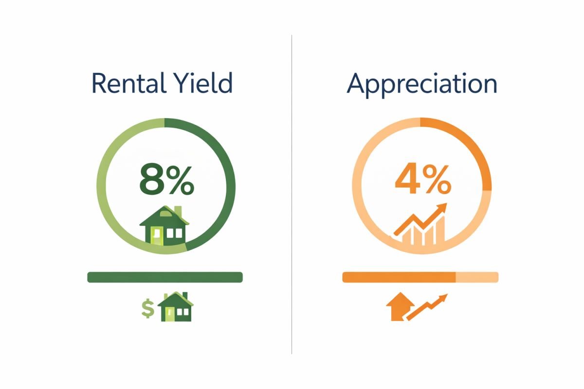 rental yield vs capital appreciation real estate comparison infographic