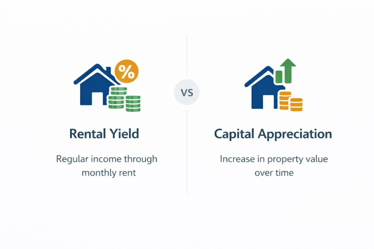 rental yield vs capital appreciation real estate India comparison