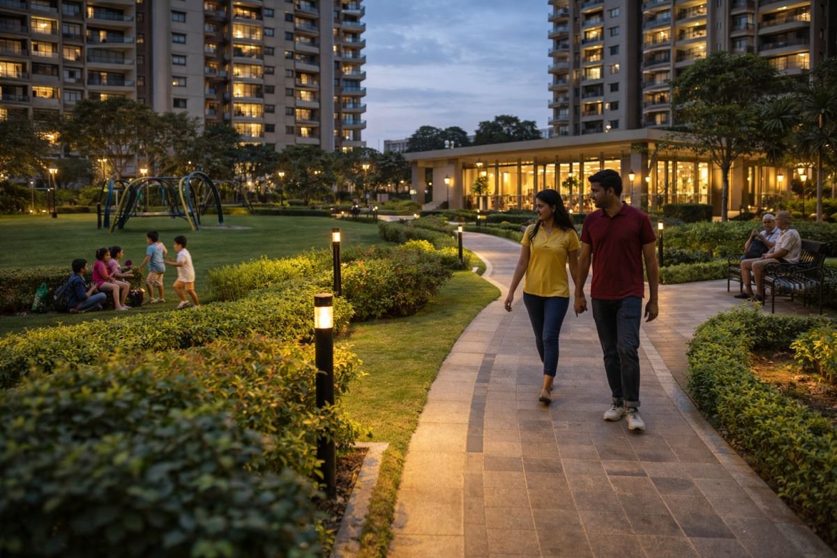 residential community evening lifestyle walking track garden families relaxing