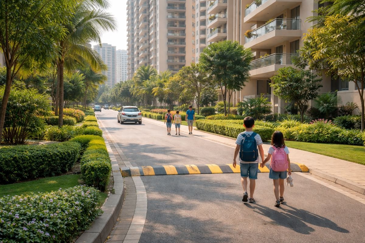 safe internal roads in gated society with pedestrian paths and low traffic for children
