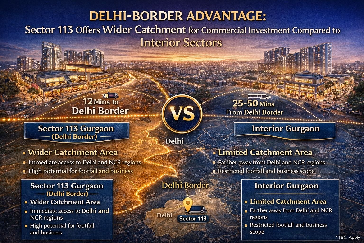 Sector 113 vs interior Gurgaon commercial investment comparison Delhi border advantage