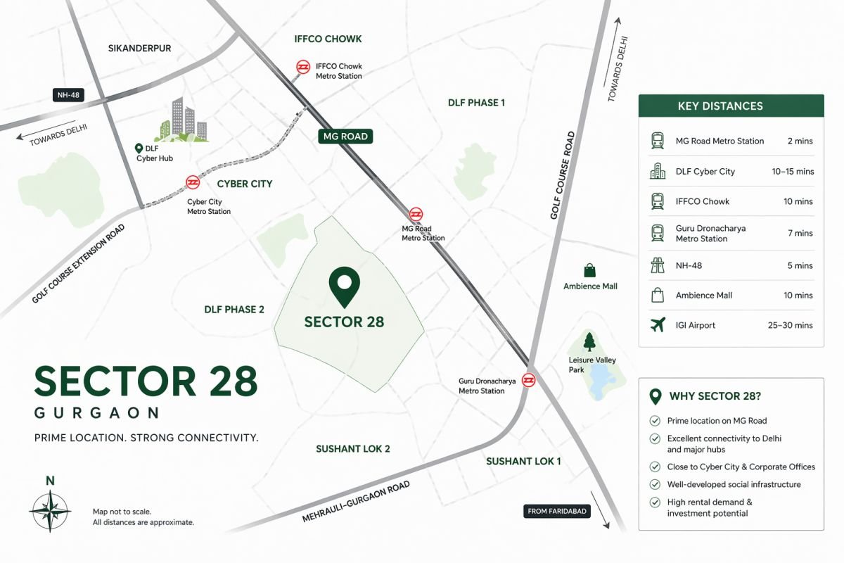 Sector 28 Gurgaon location map near MG Road and DLF Cyber City