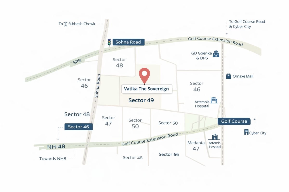 Sector 49 Gurgaon Sohna Road map showing connectivity Golf Course Extension Road SPR