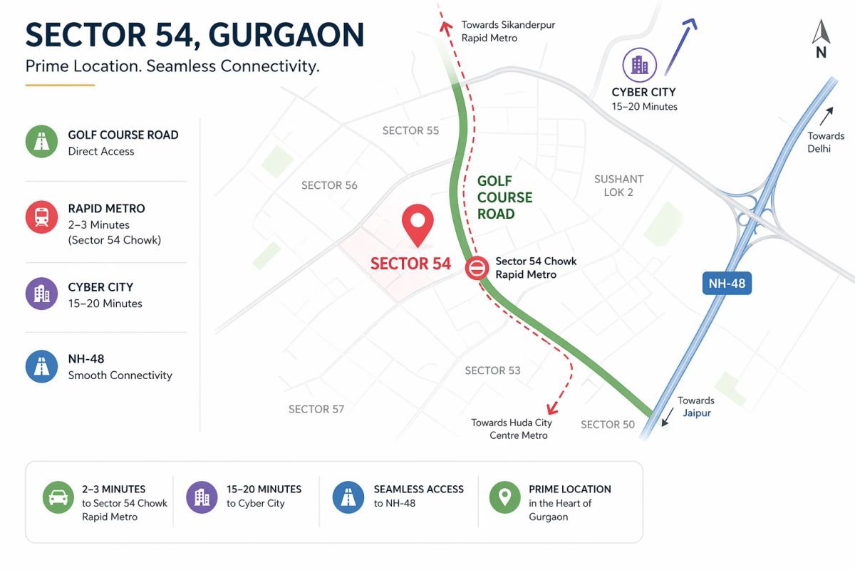 Sector 54 Gurgaon map showing Golf Course Road and metro connectivity