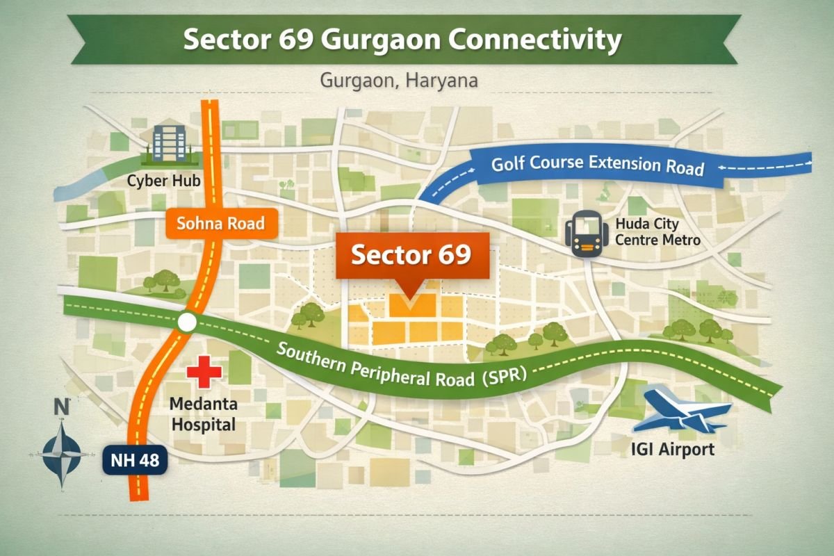 Sector 69 Gurgaon connectivity map Sohna Road Southern Peripheral Road Golf Course Extension Road