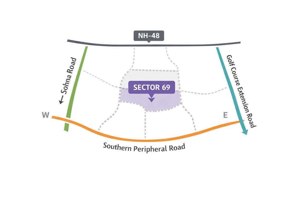 Sector 69 Gurgaon location map with SPR Sohna Road and NH48 connectivity