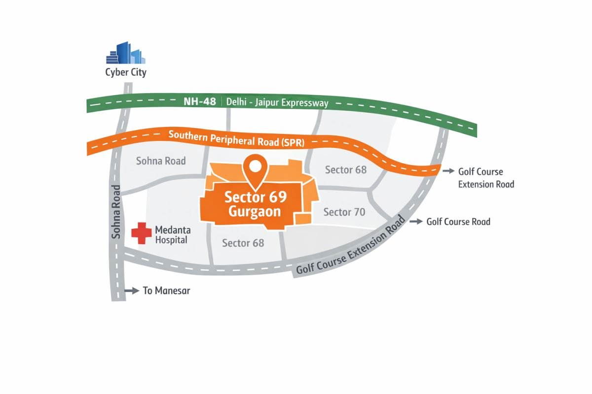 Sector 69 Gurgaon map showing Southern Peripheral Road and NH-48 connectivity