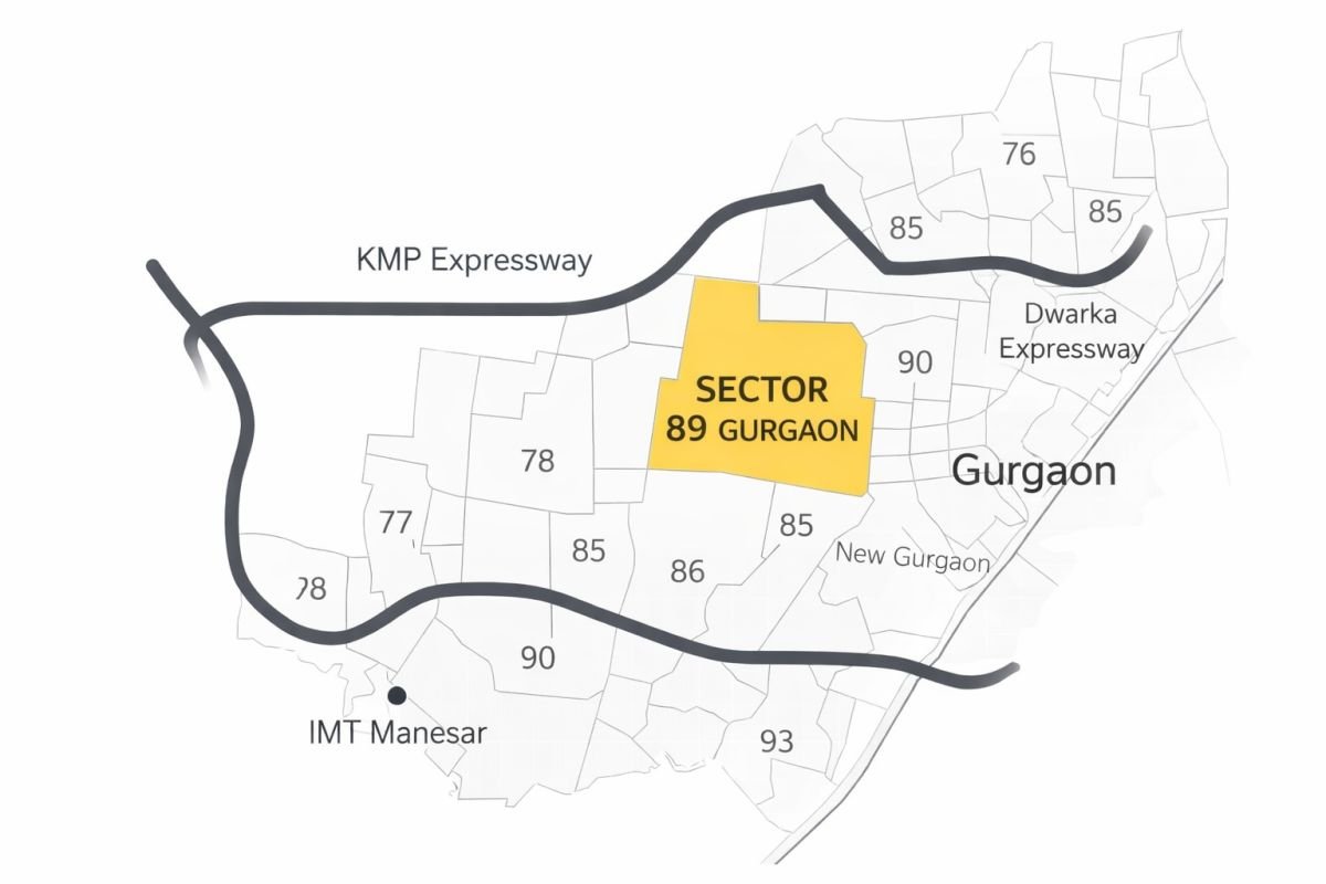 Sector 89 Gurgaon map showing KMP Expressway and Dwarka Expressway connectivity