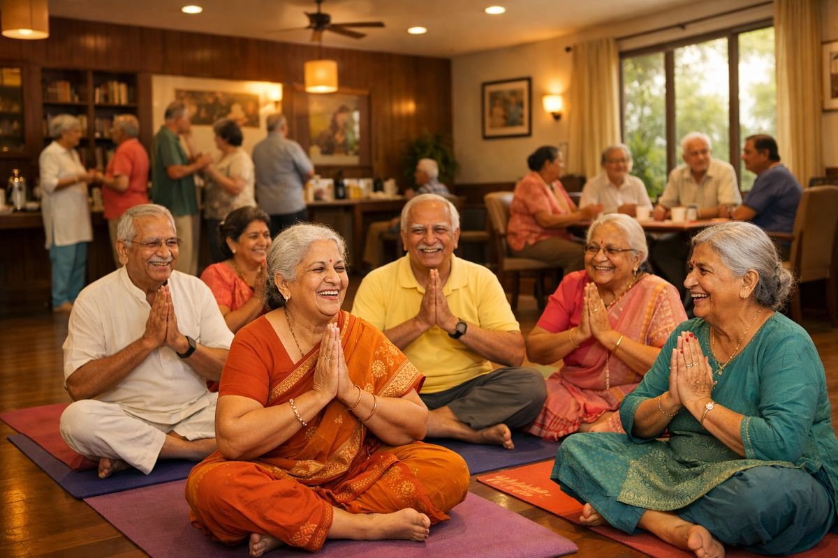 Senior residents participating in community activities in residential complex