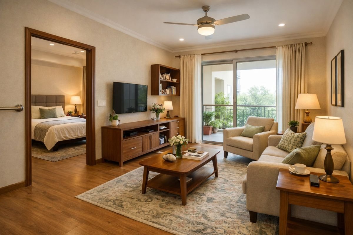 Senior-friendly apartment interior with accessible design and safety features