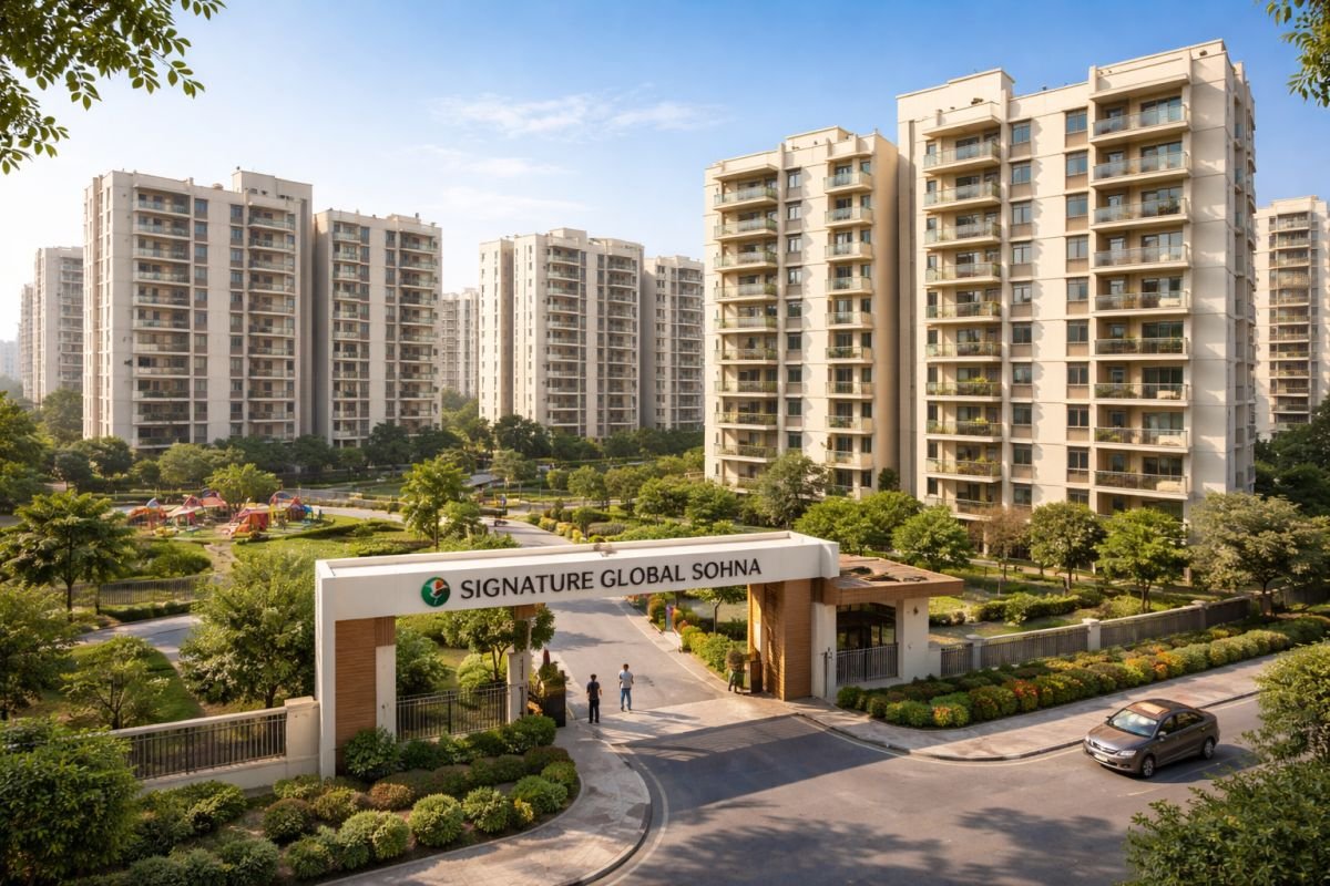 Signature Global Sohna affordable housing project exterior with buildings